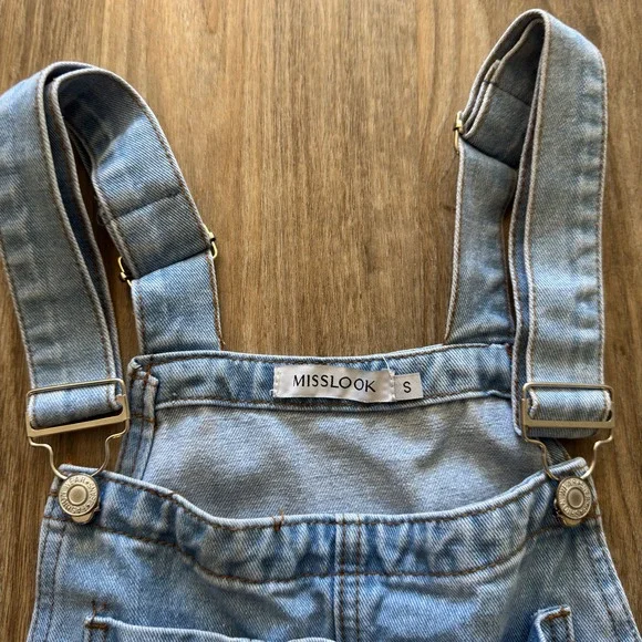 Misslook Women Floral Print Denim Overalls Light Wash Raw Hem Boho Size S - Picture 2 of 8